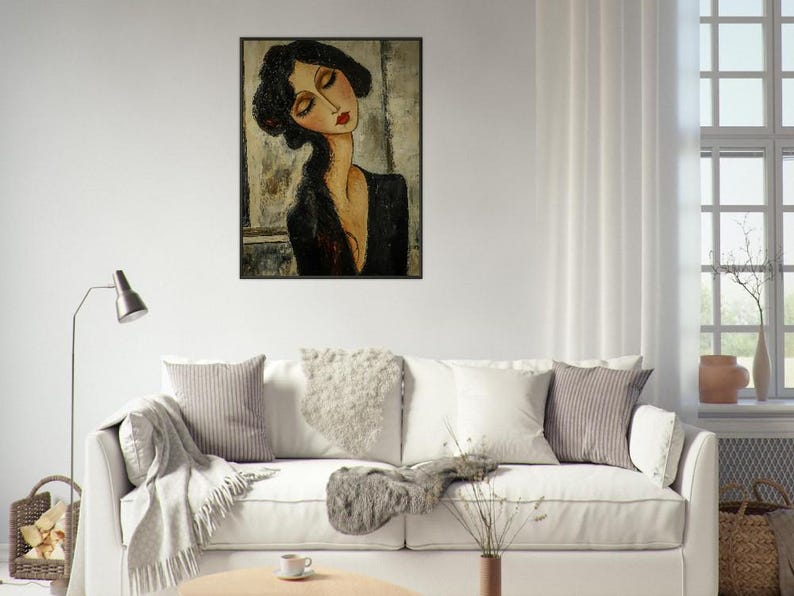 Póster enmarcado inspirado en Modigliani de una mujer vestida de negro - Impresión artística vintage imagen 9