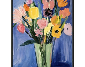 抽象的な花の絵画：緑の花瓶に生けられた色とりどりの花、黒い金属