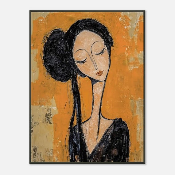 Modigliani Style Portrait: Vintage Orange Background, Black Metal