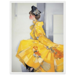 Donna di alta moda in fantastico abito giallo - Dipinto unico Classico Carta semi-lucida Poster con cornice in legno