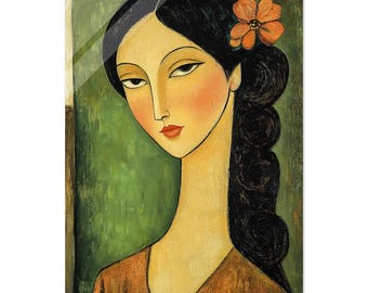 優雅な長い首の美女：花柄のアクセントが付いた黒髪の女性のアクリル画