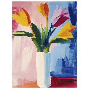 Belle peinture de tulipes dans un vase blanc | Couleurs vives | Poster papier mat premium