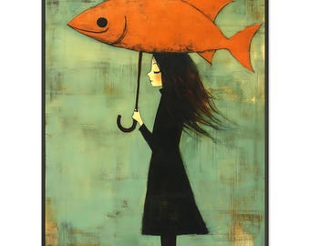 Mujer caprichosa con paraguas de pez rojo - Póster de arte naif enmarcado