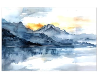 Abstract Watercolor Landscape Aluminum Print - Vibrant Mountains & Sea Sunrise Art