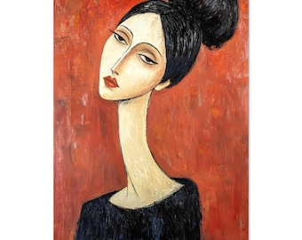 Elegant Modigliani-Inspired Aluminum Print - Woman with Black Hair & Red Background