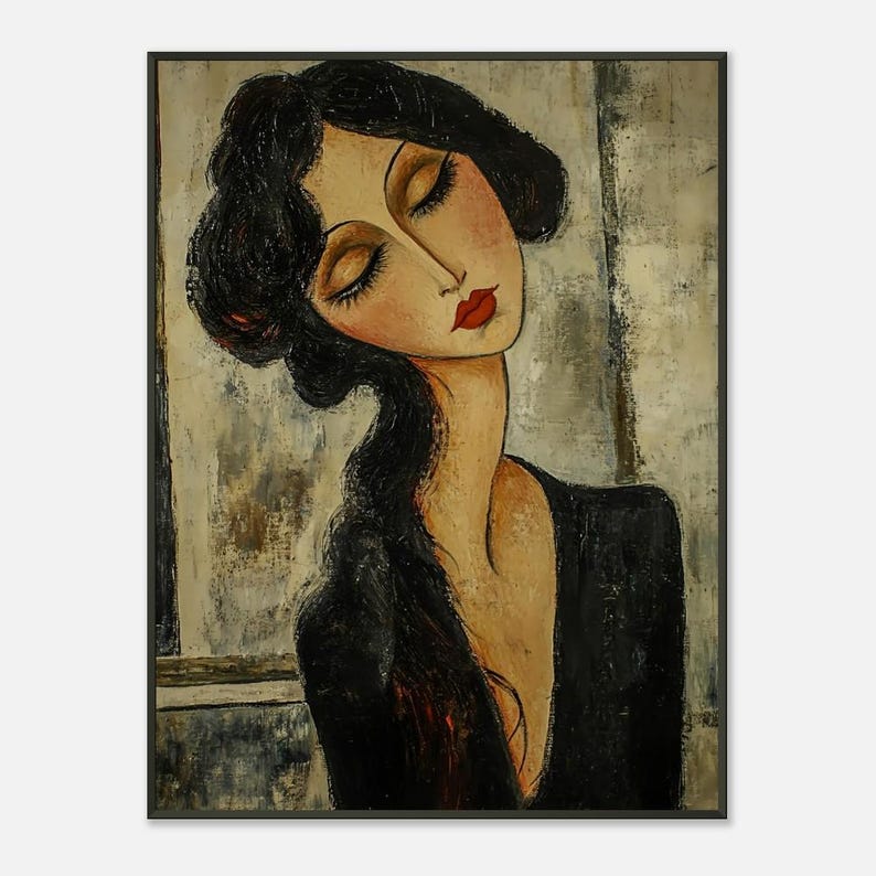 Póster enmarcado inspirado en Modigliani de una mujer vestida de negro - Impresión artística vintage imagen 10