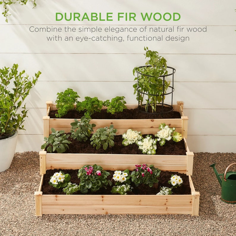 3tier Raised Fir Wood Garden Bed Planter Etsy