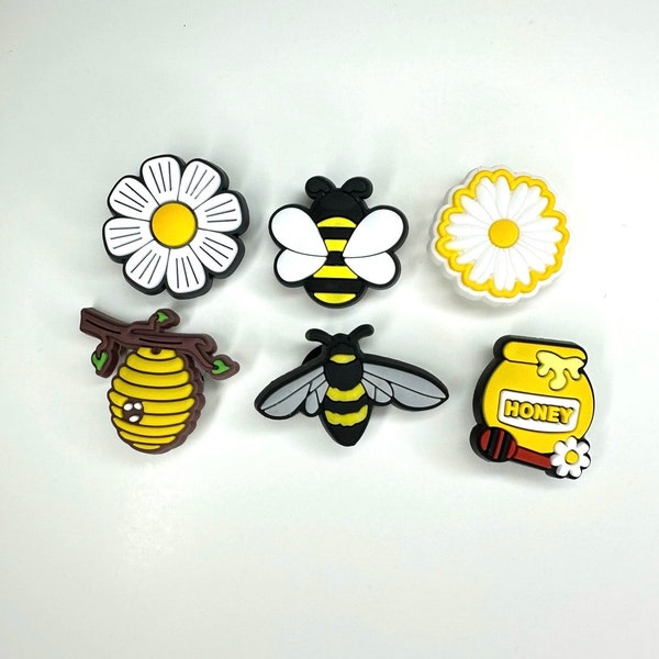 Bumble bee shoe charms - daisy clips - gardening clog charm - insect shoe clip - honey pot face button - beehive clog accessory - bug clogs