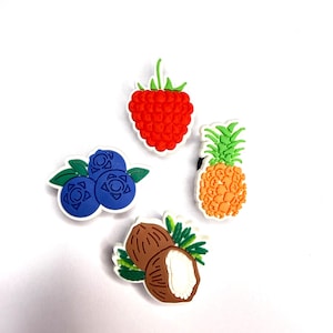 Op de afbeelding: Een set van vier fruitvormige schoenbedels gemaakt van flexibel materiaal. De collectie bevat een felrode framboos, een tros van drie blauwe bosbessen met groene blaadjes, een gele ananas en een bruine kokosnoot met een witte binnenkant.