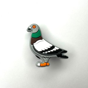 May include: A grey, white and black pigeon shoe charm with orange feet and a green neck.