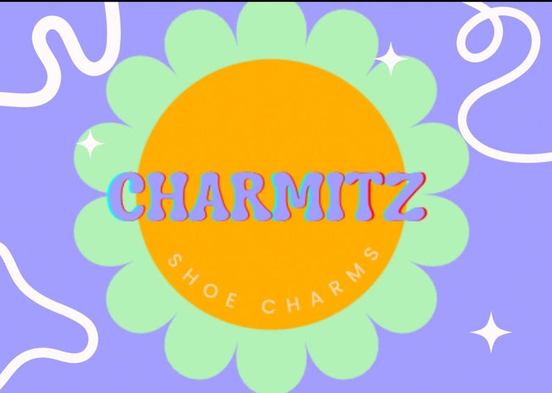 May include: A graphic design featuring the word "CHARMITZ" in a retro font, with a blue and red outline, set against a yellow circle and a light green flower shape. The words "SHOE CHARMS" are in a circle around the yellow circle, with a purple background.