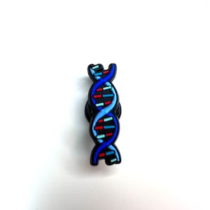 May include: A blue and red DNA double helix charm with a black outline. The charm is made of rubber and is designed to be attached to a shoe.
