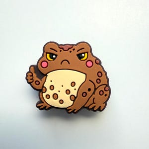 May include: A brown frog-shaped charm with an angry expression and a thumbs-up gesture. The frog has yellow eyes, pink cheeks, and a cream-colored belly with brown spots. The charm is likely made of rubber or a similar material.