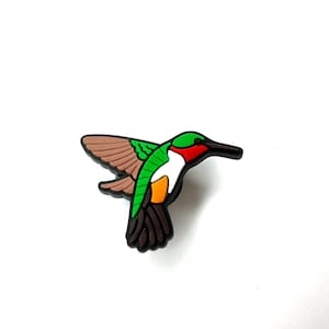 May include: A green, red, and brown hummingbird with outstretched wings in flight. The hummingbird is a small, colorful bird with a long, thin beak.
