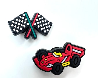 Motorsports Shoe Charms: Racing Car & Checkered Flags