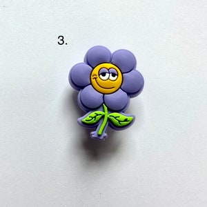 May include: Purple flower charm with a yellow smiley face and green leaves.