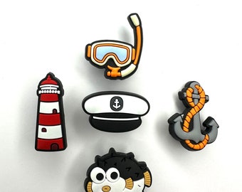 Charms de chaussures de style nautique - style nautique, phare, poisson-globe, ancre, lunettes de protection.