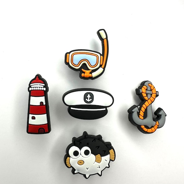 Nautical Style Shoe Charms - nautical style, lighthouse, puffer fish, anchor, goggles.