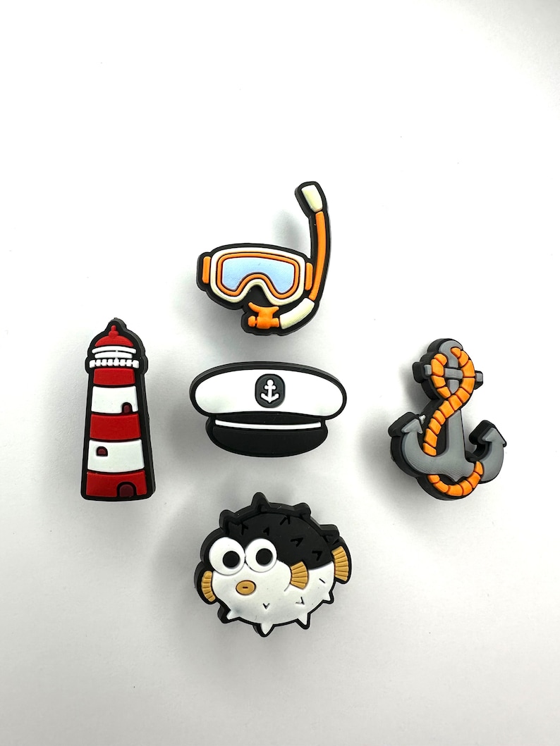 Nautical Style Shoe Charms nautical style, lighthouse, puffer fish, anchor, goggles. image 1