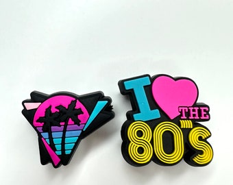 80s Shoe Charms: Retro Clog Pins - Palm Tree & Slogan