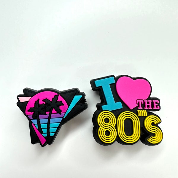 I love the 80s shoe charms - clog pins - retro accessory - shoe clip - fun slogan shoe button - retro palm tree clog decoration - vintage