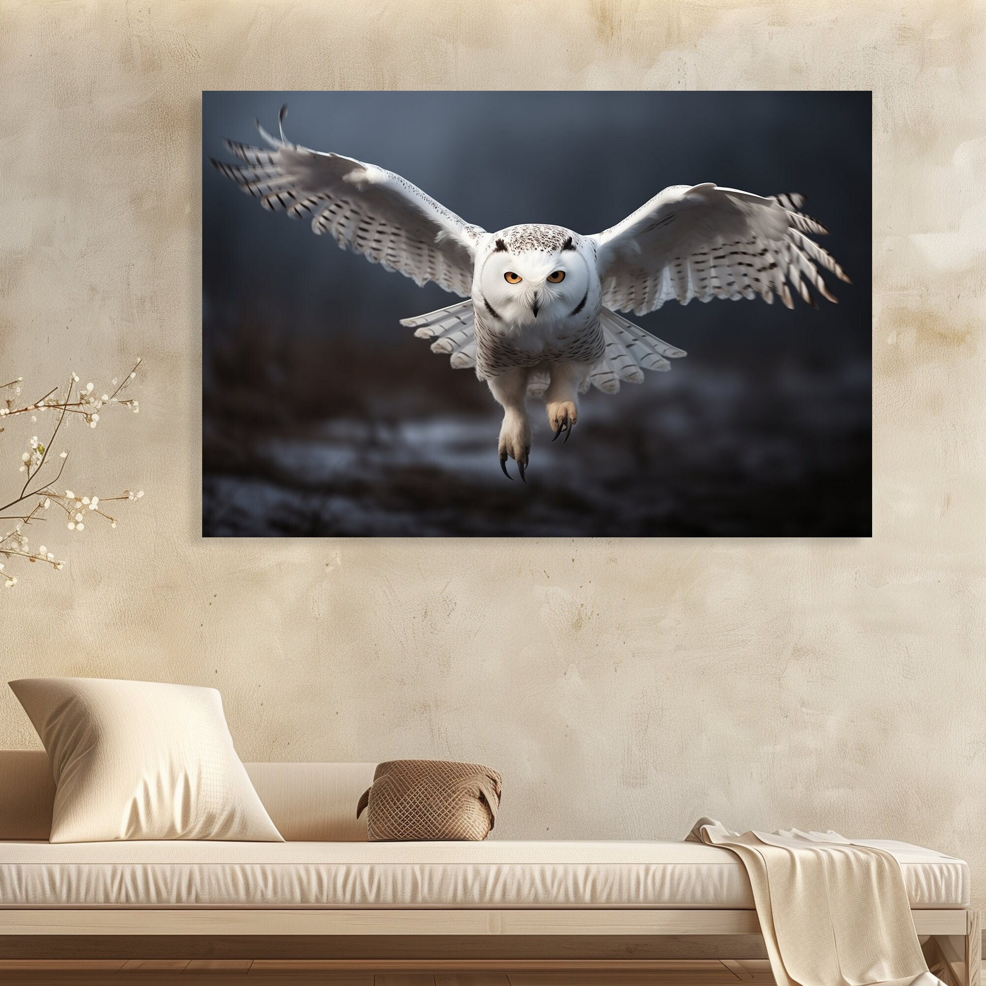 Snowy Owl in Flight Majestic Wall Art: Wildlife Bird Buddha Egg | Canvas Wall Art & Poster Prints | Aesthetic Room Decor, Minimalist Gifts