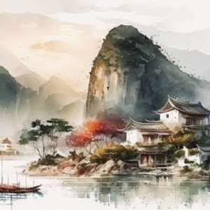 海辺の村の風景プリント