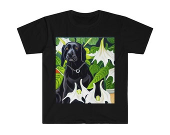 Perro negro con flores blancas de Brugmansia - Camiseta unisex Softstyle