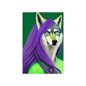 Luna Wolf mit lila Haaren und grünem Kleid - Premium Poster in Museumsqualität