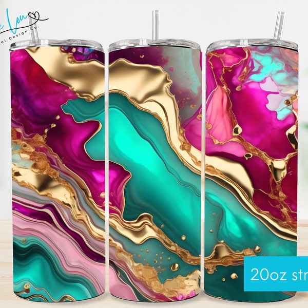 Acrylic Pouring Pink Turquoise Tumbler Wrap Png, 20 oz Skinny Tumbler Sublimation Design Digital Download PNG Instant #485