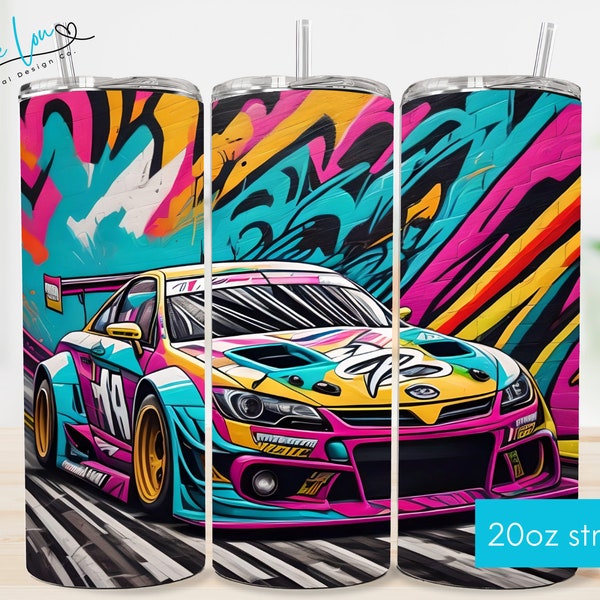 Comic Rennauto Tumbler Wrap Png, 20 oz Skinny Tumbler Sublimation Design digitaler Download PNG Instant, Graffiti Drift Car #408