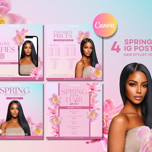 4 Hair Boutique Spring Instagram Posts Flyers | DIY Editable Canva Design, Selfies, Price List, Flash Sale IG Flyer | Pink Flowers Bundle