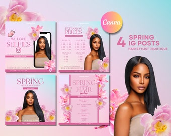 4 Hair Boutique Spring Instagram Posts Flyers | DIY Editable Canva Design, Selfies, Price List, Flash Sale IG Flyer | Pink Flowers Bundle