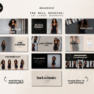 Puede incluir: Diez banners web personalizables para una marca de moda. Las pancartas presentan una variedad de modelos con diferentes estilos de ropa, con texto que incluye "nuevas llegadas", "la mejor moda", "tu armario", "b&aacute;sicos", "&iquest;qu&eacute; deber&iacute;a ponerme?", "la colecci&oacute;n Vegas", "volver a lo b&aacute;sico" y "&iexcl;elige entre 10 banners web!"
