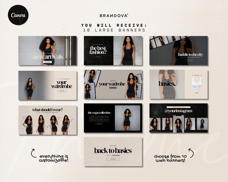 Puede incluir: Diez banners web personalizables para una marca de moda. Las pancartas presentan una variedad de modelos con diferentes estilos de ropa, con texto que incluye "nuevas llegadas", "la mejor moda", "tu armario", "b&aacute;sicos", "&iquest;qu&eacute; deber&iacute;a ponerme?", "la colecci&oacute;n Vegas", "volver a lo b&aacute;sico" y "&iexcl;elige entre 10 banners web!"