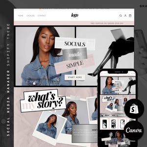 Könnte beinhalten: Ein Website-Design mit einem Shopify-Theme, das eine Frau in einer Jeansjacke zeigt. Das Design enthält die Wörter "SOCIALS made SIMPLE" und "what's my story?" auf einem Computerbildschirm und einem Smartphone.