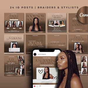 Puede incluir: Un collage de 24 plantillas de publicaciones de Instagram para trenzadores y estilistas. Las plantillas presentan una combinación de colores marrón y dorado con imágenes de mujeres con varios peinados. El texto en las plantillas incluye frases como "Reservar ahora", "Libros de julio", "Trenzas sin nudos" y "Etiqueta a nosotros para ser presentado".