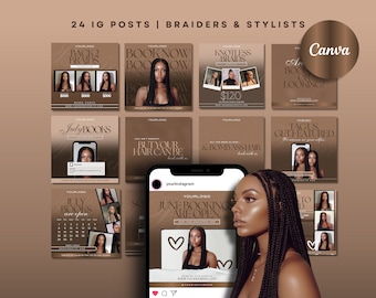 Puede incluir: Un collage de 24 plantillas de publicaciones de Instagram para trenzadores y estilistas. Las plantillas presentan una combinación de colores marrón y dorado con imágenes de mujeres con varios peinados. El texto en las plantillas incluye frases como "Reservar ahora", "Libros de julio", "Trenzas sin nudos" y "Etiqueta a nosotros para ser presentado".