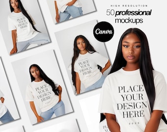 Black Models Mockup, T-Shirt Mockup Black Women Mockups Bundle, 50 White Gildan Shirts Mockup African American, Bella Canvas 3001, Gildan