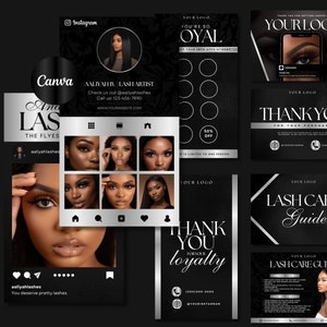 May include: A set of eight black and silver branding cards for a lash artist. The cards feature a variety of designs, including a logo, a thank you card, a lash care guide, and a loyalty card. The cards are decorated with a black and silver pattern.