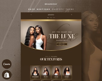 Könnte beinhalten: Eine Website-Startseite für eine Haarboutique mit braunem Hintergrund und goldener Umrandung. Der Text "Sind Sie bereit für das Luxe-Erlebnis?" wird in goldener Schrift angezeigt. Die Website bietet einen Bereich zum Einkaufen nach Texturen mit Bildern verschiedener Haartexturen, darunter glatt, wellig, gefärbt und lockig.