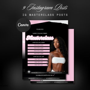 Könnte beinhalten: Eine rosa und schwarze Instagram-Post-Vorlage für eine Wimpern-Masterclass. Die Vorlage zeigt eine Frau mit langen schwarzen Haaren, einem weißen Tanktop und einem rosa Hintergrund. Der Text auf der Vorlage umfasst "Masterclass", "Was du lernen wirst", "Was sie lernen werden", "Was du bekommst" und "Was sie bekommen werden".