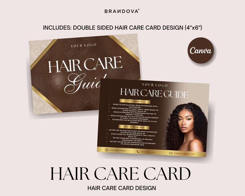 May include: Double-sided hair care card design with a gold and brown color scheme. The front of the card features the text "HAIR CARE GUIDE" in a decorative font. The back of the card features a woman with curly hair and a list of hair care tips. The card is 4 inches by 6 inches.