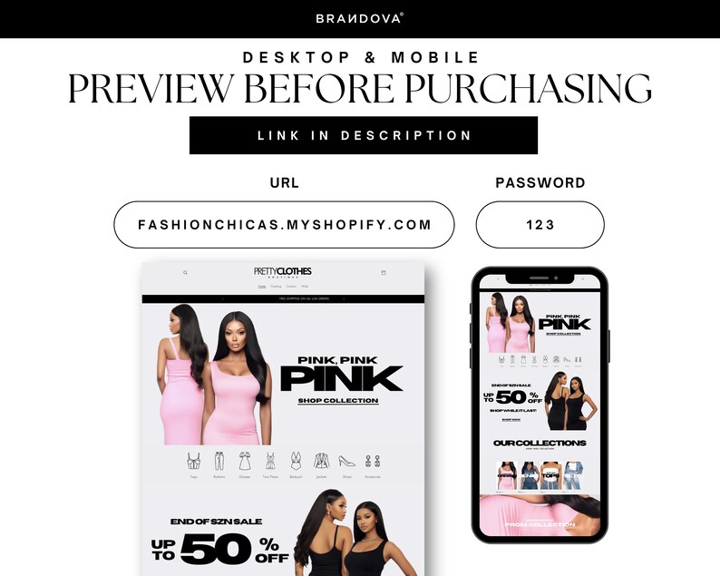 Puede incluir: Una captura de pantalla de un sitio web con un esquema de color rosa y negro. El sitio web es para una tienda de ropa llamada "Pretty Clothes". El sitio web tiene una venta en curso con hasta un 50% de descuento. El sitio web tambi&eacute;n tiene un enlace a una colecci&oacute;n de tienda llamada "Pink, Pink Pink".