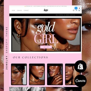 May include: A website mockup for a jewelry Shopify theme. The design features a pink and black color scheme with the words "gold GIRL" in large text. The website showcases jewelry collections with images of models wearing gold jewelry.