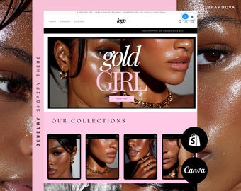 Może przedstawiać: Makieta strony internetowej dla motywu Shopify z biżuterią. Projekt charakteryzuje się różowo-czarną kolorystyką z napisem "gold GIRL" w dużym tekście. Strona prezentuje kolekcje biżuterii ze zdjęciami modelek noszących złotą biżuterię.