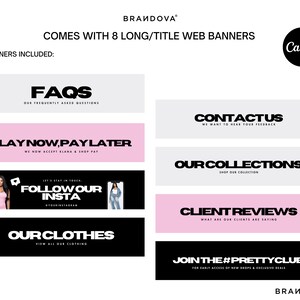 Puede incluir: Ocho dise&ntilde;os de banners web para una tienda online. Los banners presentan texto como "Preguntas frecuentes", "Cont&aacute;ctanos", "Paga ahora, paga despu&eacute;s", "Nuestras colecciones", "Sigue nuestro Insta", "Nuestra ropa", "Opiniones de clientes" y "&Uacute;nete al #PrettyClub".
