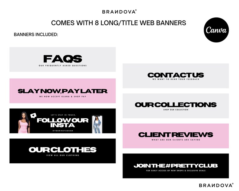 Puede incluir: Ocho dise&ntilde;os de banners web para una tienda online. Los banners presentan texto como "Preguntas frecuentes", "Cont&aacute;ctanos", "Paga ahora, paga despu&eacute;s", "Nuestras colecciones", "Sigue nuestro Insta", "Nuestra ropa", "Opiniones de clientes" y "&Uacute;nete al #PrettyClub".
