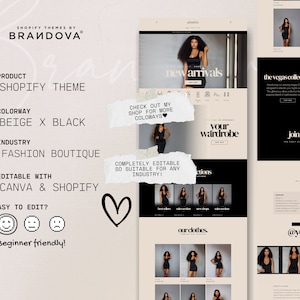 Puede incluir: Tema Shopify beige y negro para una boutique de moda. El tema es editable con Canva y Shopify. El texto "nuevas llegadas" y "tu armario" se muestra en la maqueta del sitio web. El sitio web presenta una colecci&oacute;n de vestidos negros.