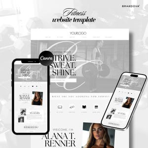 Puede incluir: Una plantilla de sitio web en blanco y negro para un entrenador personal de fitness. El sitio web presenta una foto de una mujer levantando pesas, el texto "Strive. Sweat. Shine." y una llamada a la acción para reservar una cita. El sitio web también incluye una sección para la historia y los servicios del entrenador.